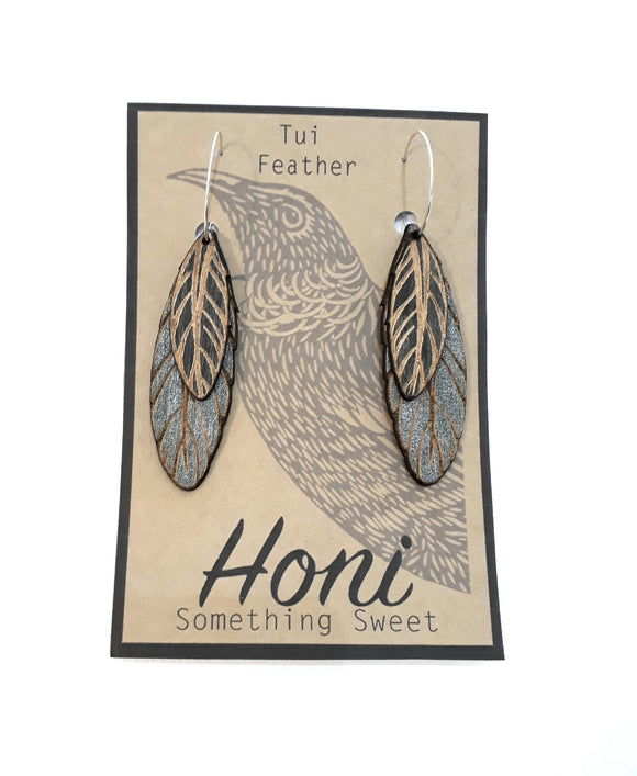 Wooden Tui Feather Earrings